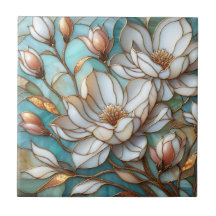 Elegant Magnolia Stained Glass Floral Mosaic Art