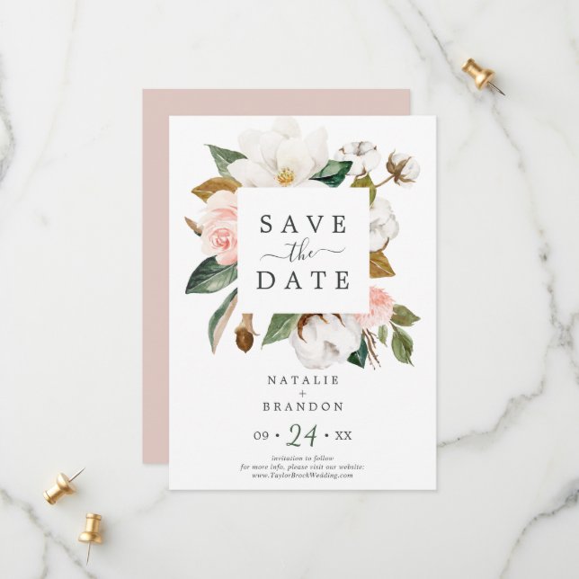 Elegant Magnolia | Weiße Save the Date Karte (Vorderseite/Rückseite Beispiel)