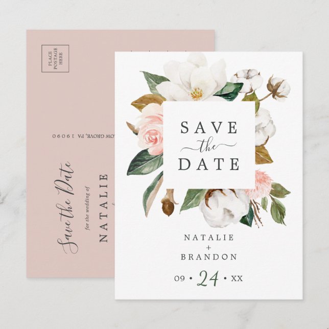 Elegant Magnolia | Weiße Save the Date Postkarte (Vorne/Hinten)