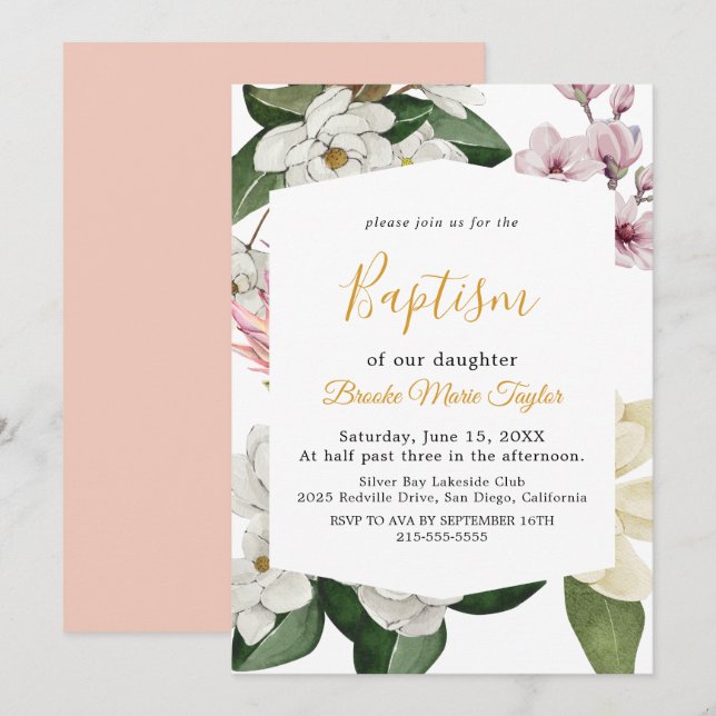 Elegant Magnolia | Weiße und blaue Taufe Einladung (Vorne/Hinten)