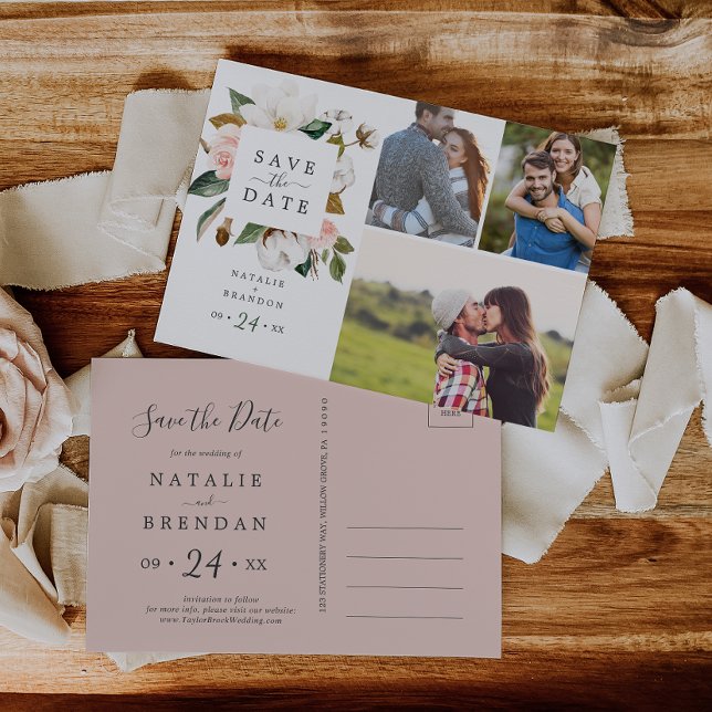 Elegant Magnolia | Weißes 3 Foto Save the Date Einladungspostkarte (Von Creator hochgeladen)