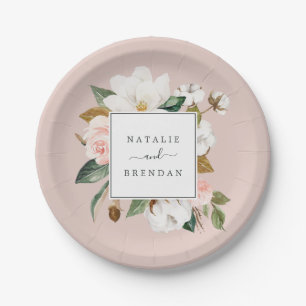 Elegant Magnolia   White and Blush Wedding Pappteller