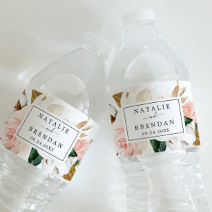 Elegant Magnolia   White and Blush Wedding Wasserflaschenetikett