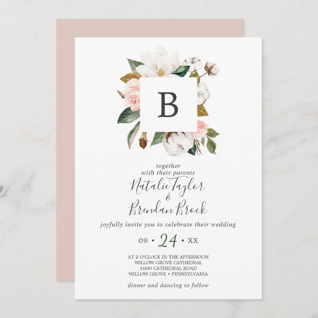 Elegant Magnolia | White & Blush Monogram Wedding Einladung (Vorne/Hinten)