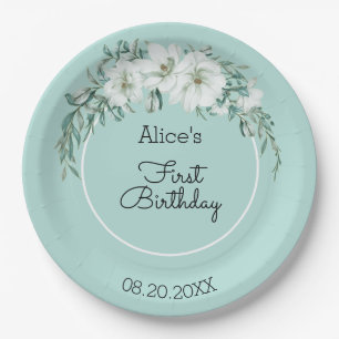 Elegant Magnolia White Pastel Green 1. Geburtstag Pappteller