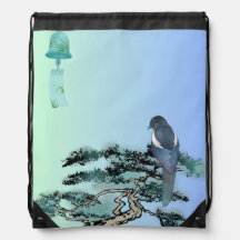 Elegant Magpie Bird & Japanese Bonsai Drawstring B