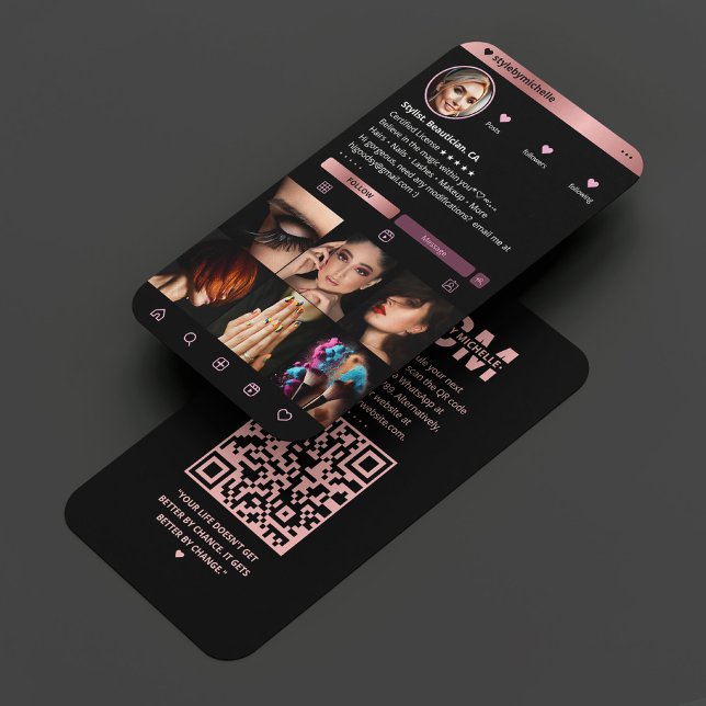 Elegant Makeup Artist Instagram Black RoseGold Visitenkarte (Von Creator hochgeladen)