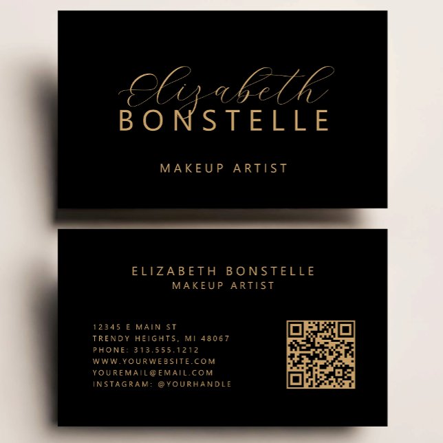 Elegant Makeup Artist QR Code Black Gold Visitenkarte (Von Creator hochgeladen)