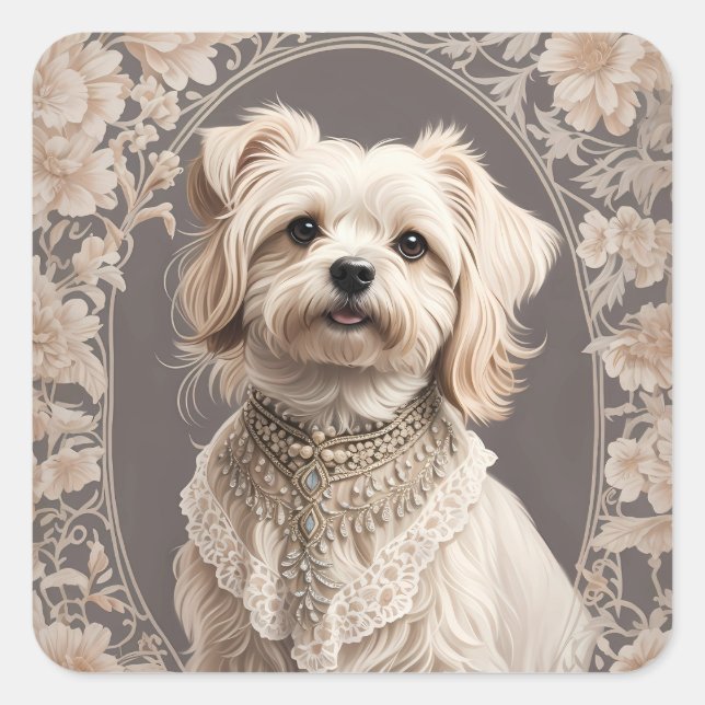 Elegant Maltese Dog William Morris Inspiriert Quadratischer Aufkleber (Vorderseite)