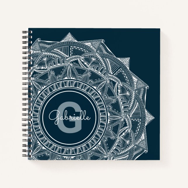 Elegant Mandala Art Monogram, Anfangsname Blau Notizbuch (Vorderseite)
