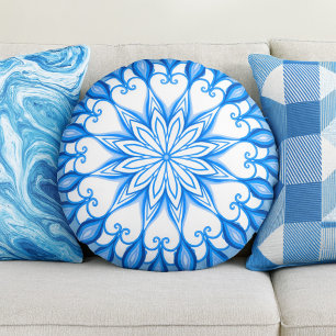 Elegant Mandala Boho Mittelmeer weiß und blau Rundes Kissen