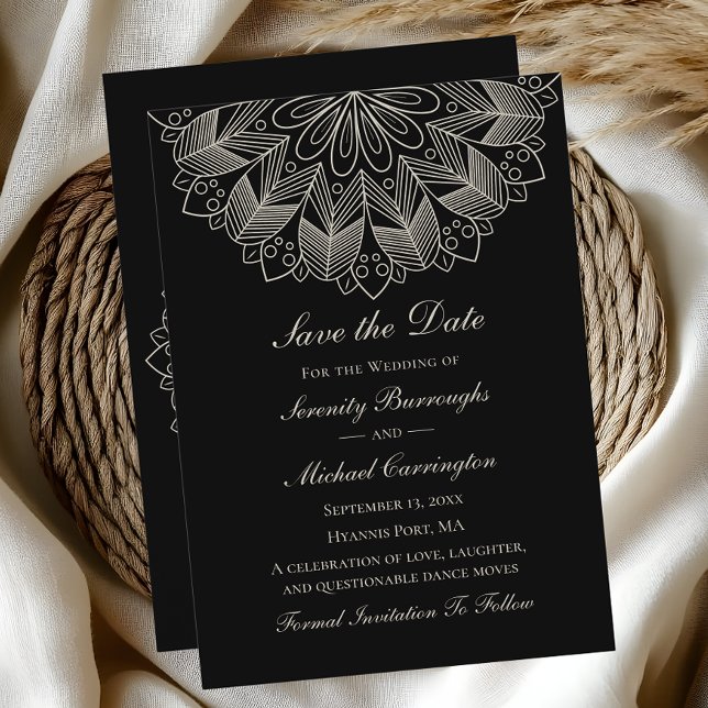 Elegant Mandala Indian Boho Black Save the Date Ankündigung (Von Creator hochgeladen)
