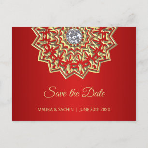 Elegant Mandala Indian RED Wedding SAVE THE DATE Ankündigungspostkarte
