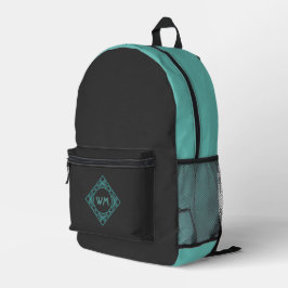 Elegant Manly Black & Aquamarin Art Deco Monogram  Bedruckter Rucksack