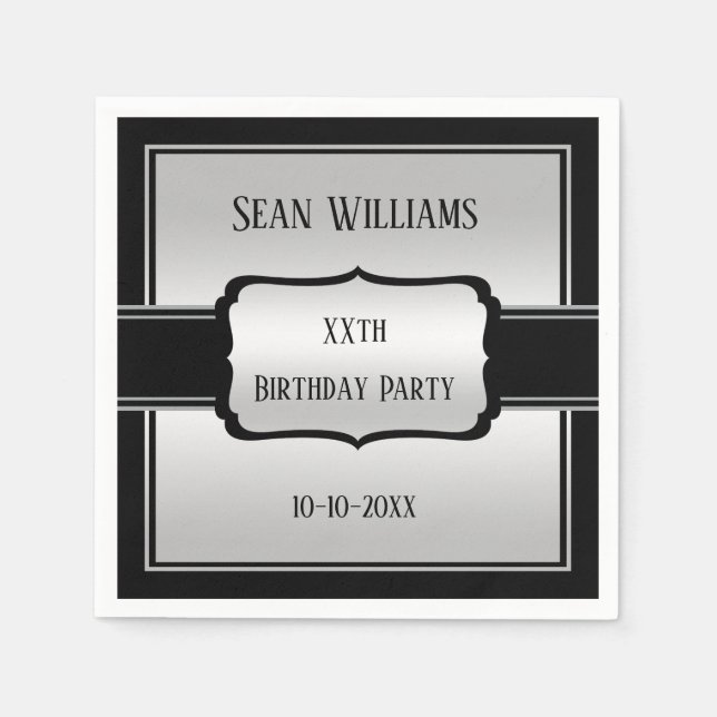 Elegant Man's Silver & Black Birthday Serviette (Vorderseite)