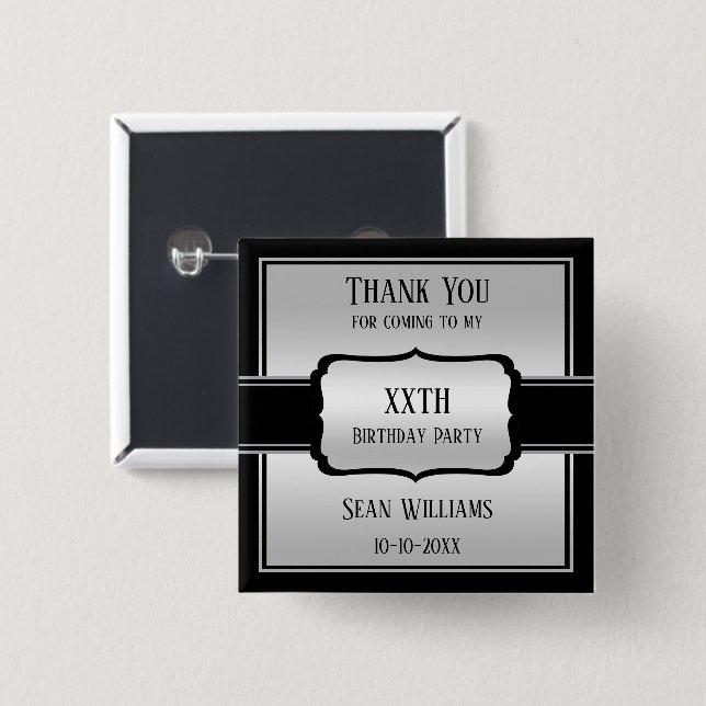 Elegant Man's Silver & Black Birthday Vielen Dank Button (Vorne & Hinten)