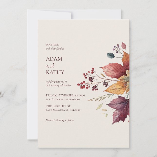 Elegant Maple Leaf Fall Wedding Invitation Einladung (Vorderseite)