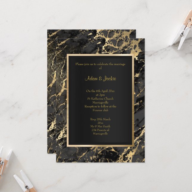 ELEGANT MARBLE BLACK GOLD METALLIC WEDD EINLADUNG (Vorderseite/Rückseite Beispiel)