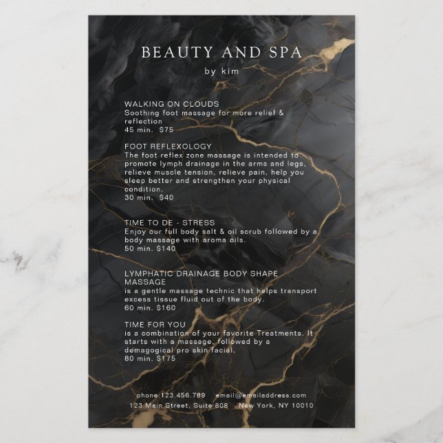 Elegant Marble Black-Gold Salon QR Code Pricelist Flyer (Vorne)