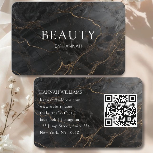 Elegant Marble Black-Gold Salon QR Code Visitenkarte (Elegant Marble Black-Gold Salon QR Code Business Card)