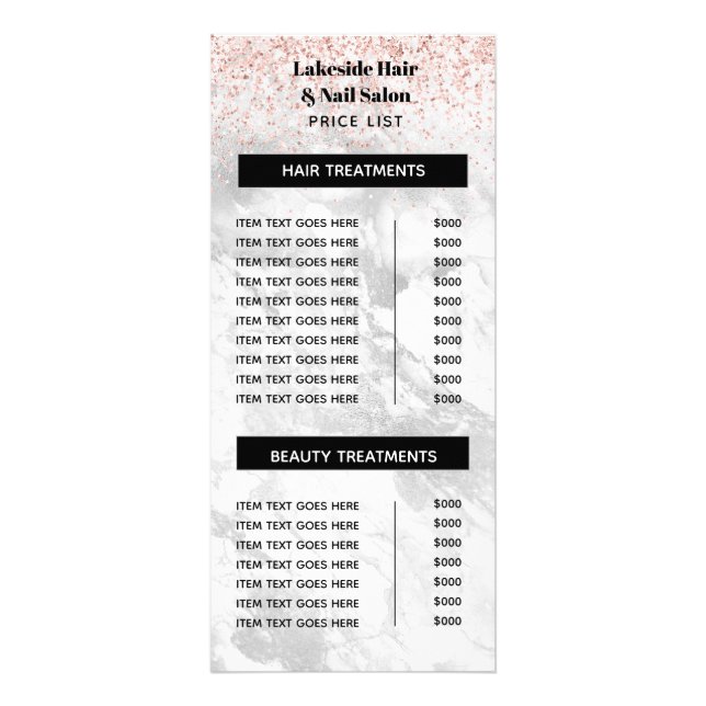 Elegant Marble Glitter Salon Price list Services Werbekarte (Vorne)