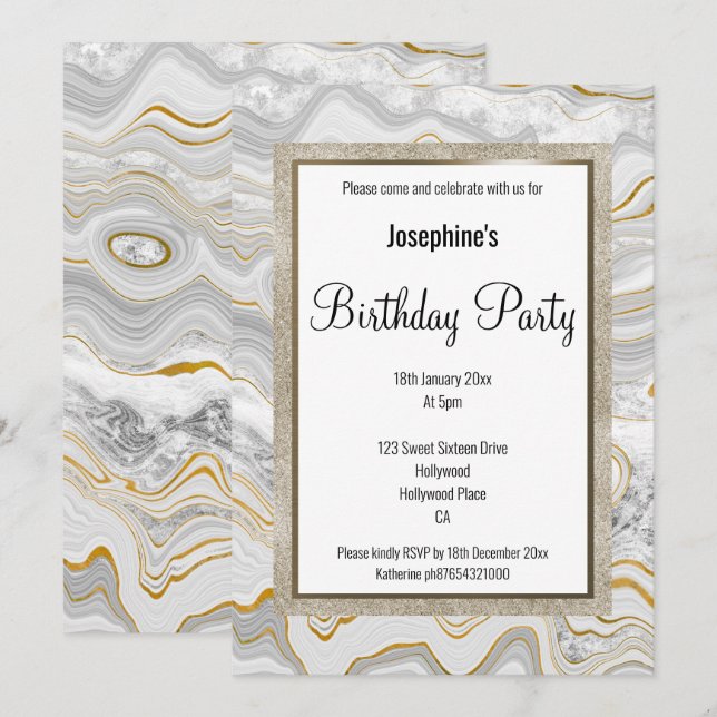 ELEGANT MARBLE GRAY GOLD PATTERN GEBURTSTAG EINLADUNG (Vorne/Hinten)
