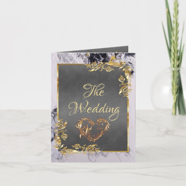 Elegant Marble, Grey, Gold Frame, Gold Heart Ankündigung (Vorderseite)