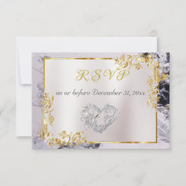 Elegant Marble, White, Gold Frame, Silver Heart RSVP Karte