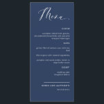 Elegant Marine Blue Calligraphy Wedding Menu Menükarte<br><div class="desc">Elegante marineblaue Hochzeit- oder Dinner Empfang Menu Karte. Modernes, einfaches und elegantes Design mit schöner moderner handgeschriebener Kalligraphie. Vorder- und Rückseite Farbe in marineblau. Möglichkeit zur Änderung sowohl der Vorder- als auch der Hintergrundefarbe durch Auswahl von "Weiter anpassen". Design in einer Vielzahl von Farben verfügbar. Teil unserer Kollektion "Dusty Rose...</div>