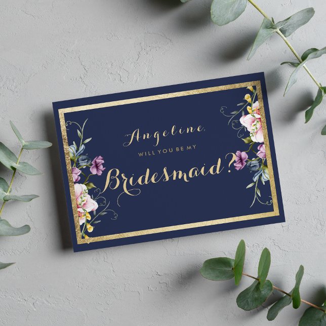 Elegant marineblau, blau, goldfarben, rosa und blü einladung (Elegant navy blue gold pink floral Bridesmaid )