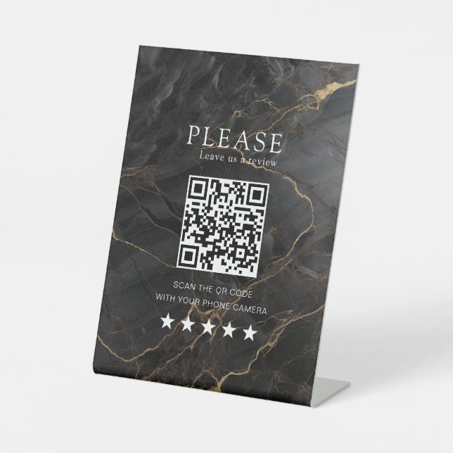 Elegant, Marmor-Schwarz-Gold, Salon, QR-Code Revie Sockelschild (Vorderseite)