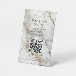 Elegant, Marmor-Weiß-Gold, Salon, QR-Code Sockelschild