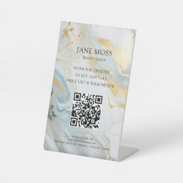 Elegant, Marmorblau-Gold, Salon, QR-Code Sockelschild