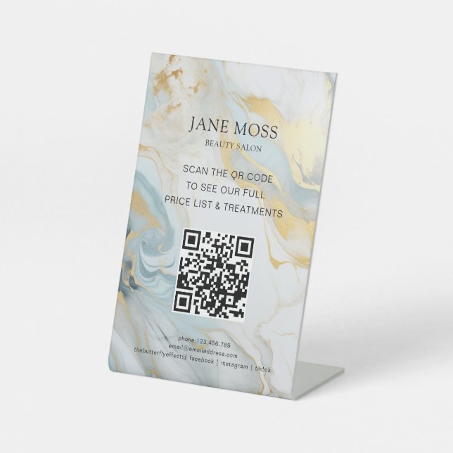 Elegant, Marmorblau-Gold, Salon, QR-Code Sockelschild (Vorderseite)