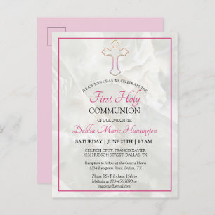 Elegant Marmorpink Girls First Holy Communion Einladungspostkarte