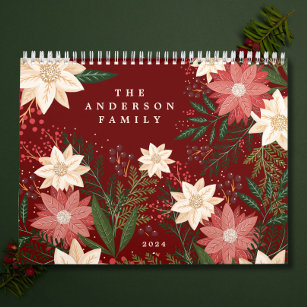 Elegant Maroon Familienname Poinsettia Weihnachten Kalender