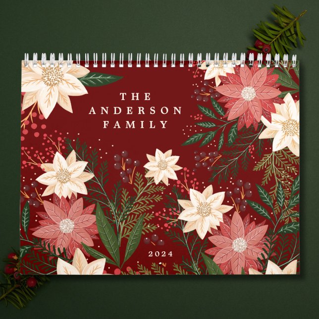 Elegant Maroon Familienname Poinsettia Weihnachten Kalender (Von Creator hochgeladen)