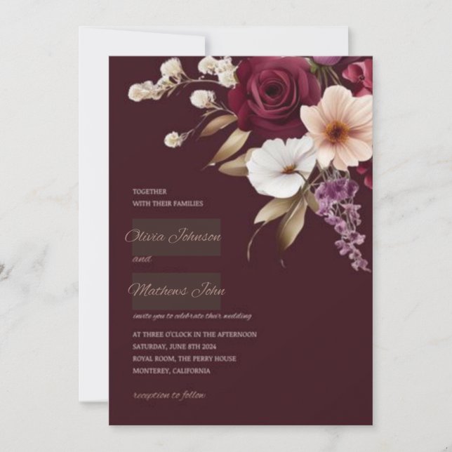Elegant Maroon Floral Wedding Einladung (Vorderseite)