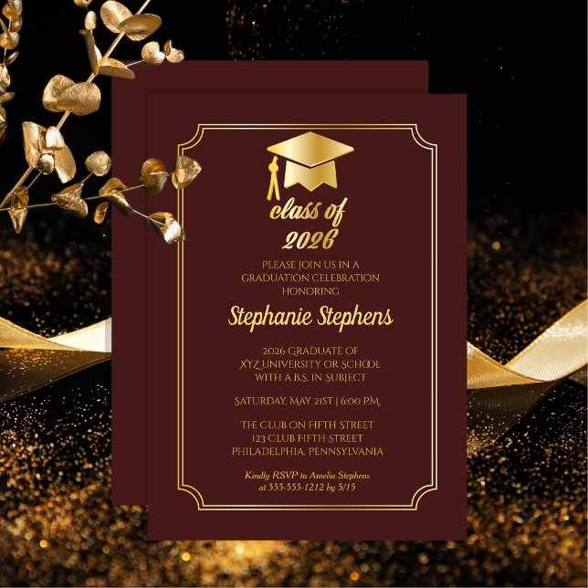 Elegant Maroon | Gold Cap Uni-Abschluss Party Einladung (Elegant Maroon and Gold Tone Grad Cap College Graduation Party Invitation - Print | Download)