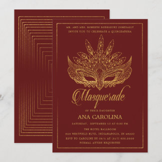 Elegant Maroon Gold Glitzer Masquerade Quinceañera Einladung