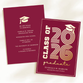 Elegant Maroon Gold Graduation YY Announcement Folieneinladung