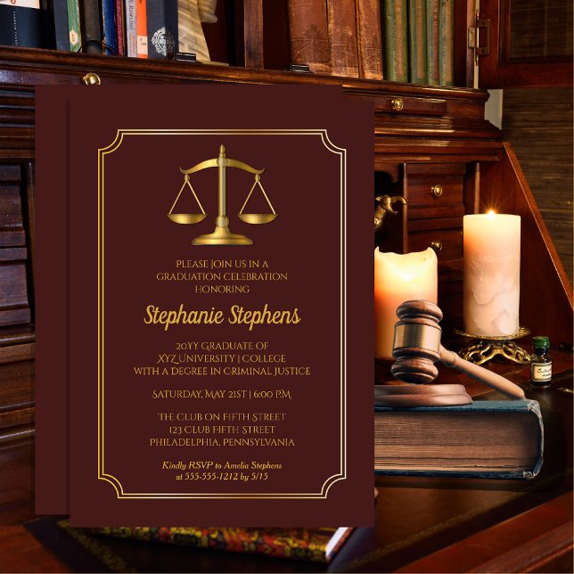 Elegant Maroon Gold Law Attorney Graduation Party Einladung (Elegant Maroon and Gold Tone Law Attorney | Lawyer Graduation Announcement | Party Invitation )