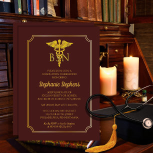 Elegant Maroon   Gold Nurse BSN Graduation Party Einladung
