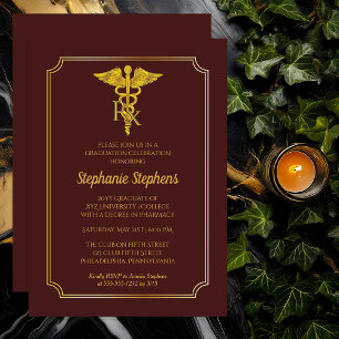Elegant Maroon Gold Rx Pharmacy Graduation Party Einladung