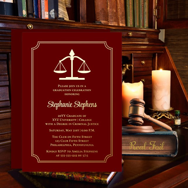 Elegant Maroon Law Attorney Graduation Party Folieneinladung (Elegant Maroon | Dark Red Law Attorney Graduation Party Gold Foil Invitation)