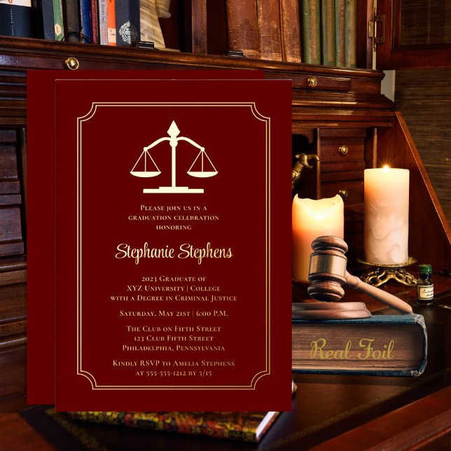 Elegant Maroon Law Attorney Graduation Party Folieneinladung (Von Creator hochgeladen)