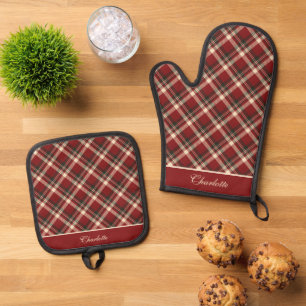 Elegant Maroon Red Cream Royal Stewart Tartan Ofenhandschuh & Topflappen-Set