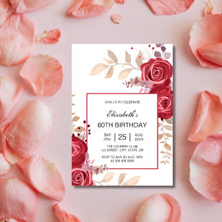Elegant Maroon Rose Blumengrün Geburtstag Einladung