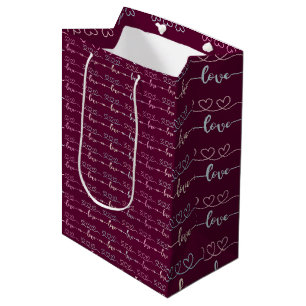 Elegant Maroon und Silver Hearts "Liebe" Mittlere Geschenktüte