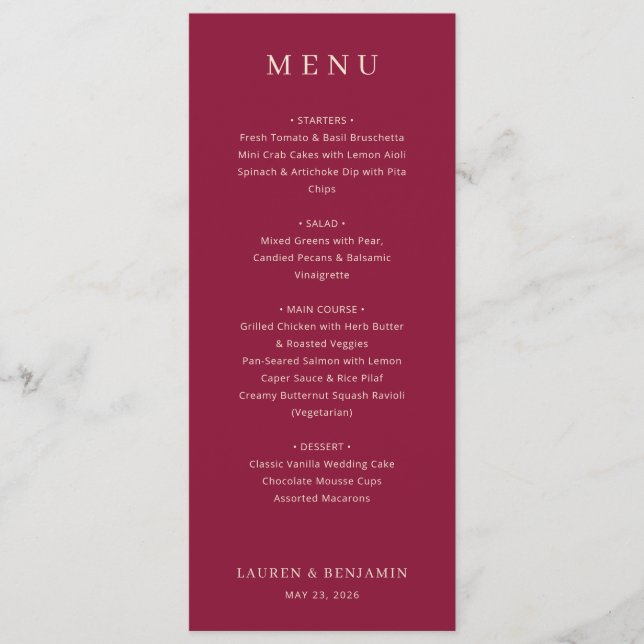 Elegant Maroon Wedding Menu Menükarte (Vorderseite)